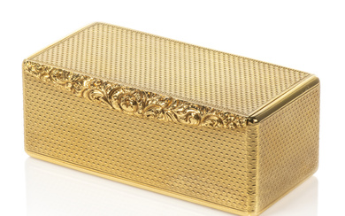 A GEORGE IV GOLD SNUFF-BOX BY ALEXANDER JAMES STRACHAN (FL. 1799-1850), MARKED, LONDON, 1820/21, THE ENGLISH STANDARD MARK FOR GOLD 1798-1974 AND THE ENGLISH POST-1798 STANDARD MARK FOR 18-CARAT GOLD