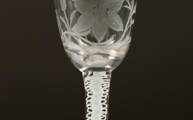 A GEORGIAN WINE GLASS, the bowl engraved with flowers