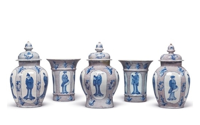 A GERMAN FAIENCE POWDERED-MANGANESE-GROUND FIVE VASE GARNITURE AND THREE COVERS, MID-18TH CENTURY