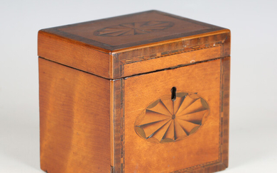 A George III satinwood tea caddy with tulipwood crossbanding and inlaid fan paterae, width 12cm.