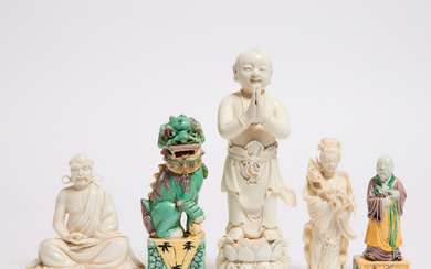 A Group of Five Famille Verte and Blanc de Chine Porcelain Figures, 19th-20th Century