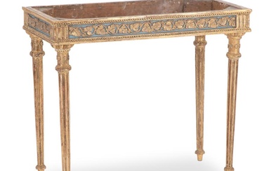 A Gustavian giltwood console with top of Öland stone (one broken corner),...