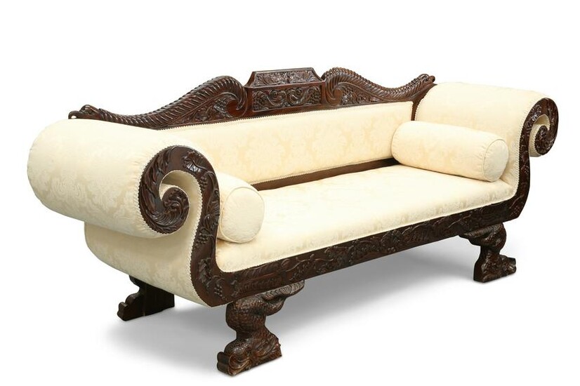 A HANDSOME 19TH CENTURY STYLE MAHOGANY AND UPHOLSTERED
