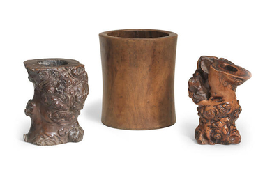A HUANGHUALI BRUSHPOT AND TWO GNARLED ROOT WOOD BRUSHPOTS, BITONG
