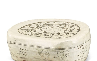 A Henan reverse carved 'peony' pillow, Northern Song dynasty 北宋 河南窰白地填黑地劃牡丹紋腰形枕