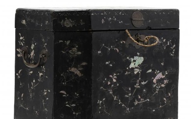 A Japanese Mother of Pearl Inlaid Black Lacquer Casket