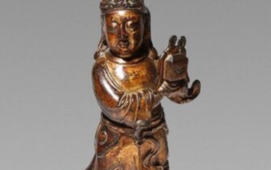 A LARGE CHINESE PARCEL-GILT AND LACQUERED-BRONZE FIGURE OF AN ATTENDANT...