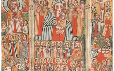 A LARGE COPTIC TRIPTYCH SHOWING THE MOTHER OF GOD, THE