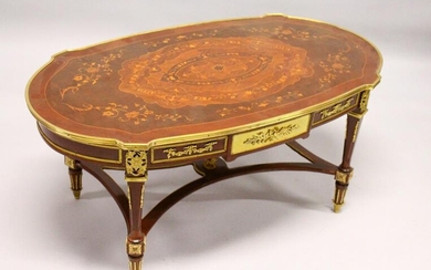A MARQUETRY INLAID MAHOGANY AND ORMOLU MOUNTED COFFEE