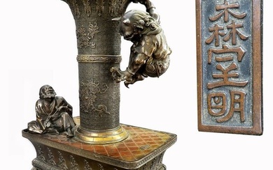 A Large 19th Century Japanese Figural Bronze Incense Burner, Signed