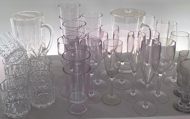 A Large Collection of Outdoor Drinkware including Tumblers, Champagne & Wine Glasses, Two Jugs