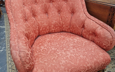 A MAHOGANY ARMCHAIR, THE ROUNDED BACK BUTTON UPHOLSTERED IN TERRACOTTA DAMASK