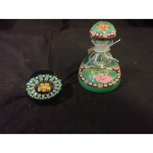 A MILLEFIORI GLASS INKWELL PAPERWEIGHT 13cm high, together w...