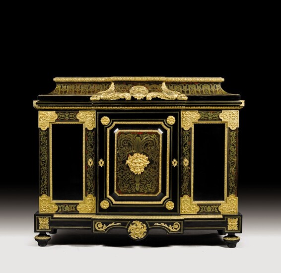 A Napoleon III style gilt-bronze mounted ebony, pear tree, rosewood, tortoiseshell, and brass-inlaid 'Boulle' marquetry bookcase cabinet, after a design by André-Charles Boulle, circa 1860