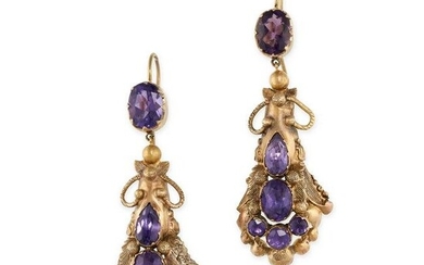 A PAIR OF ANTIQUE AMETHYST EARRINGS in yellow gold