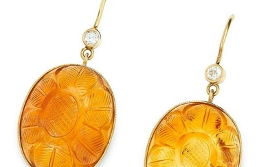 A PAIR OF CITRINE AND DIAMOND DROP EARRINGS set with
