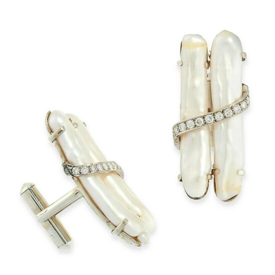 A PAIR OF CULTURED PEARL AND DIAMOND CUFFLINKS each set