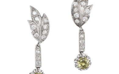 A PAIR OF DEMANTOID GARNET AND DIAMOND EARRINGS in 18ct white gold, each comprising a foliate motif