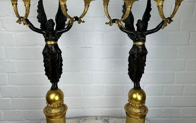A PAIR OF FRENCH EMPIRE DESIGN EARLY 20TH CENTURY GILT AND B...