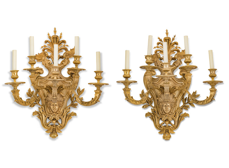 A PAIR OF FRENCH ORMOLU FIVE-LIGHT WALL-APPLIQUES, OF REGENCE STYLE, LATE 19TH CENTURY