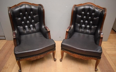 A PAIR OF FRENCH STYLE WINGBACK ARMCHAIRS (112H x 76W x 89D CM) (PLEASE NOTE THIS HEAVY ITEM MUST BE REMOVED BY CARRIERS AT THE CUST...