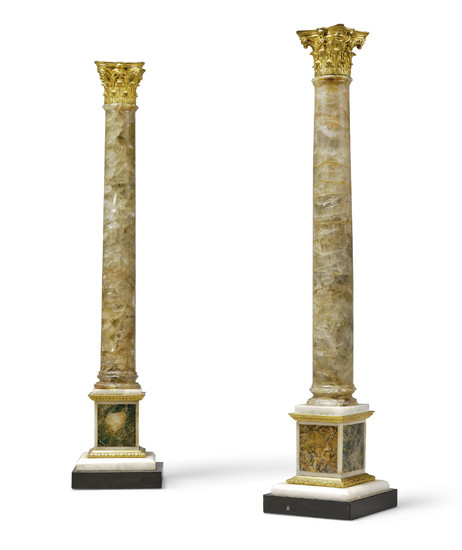 A PAIR OF GEORGE III ORMOLU-MOUNTED FLUORSPAR AND MARBLE CORINTHIAN COLUMNS, ATTRIBUTED TO MATTHEW BOULTON, CIRCA 1770