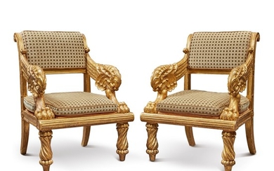 A PAIR OF IRISH WILLIAM IV GILTWOOD CANED ARMCHAIRS, IN THE MANNER OF JAMES DEL VECCHIO, CIRCA 1835