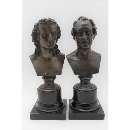 A PAIR OF LATE 19TH CENTURY BRONZED SPELTER BUSTS OF SCHILLE...