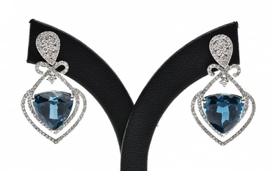 A PAIR OF LONDON BLUE TOPAZ AND DIAMOND DROP EARRINGS IN 18CT WHITE GOLD, 30MM DROP, 9.7GMS