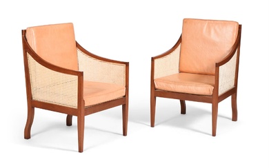 A PAIR OF MAHOGANY BERGERE ARMCHAIRS, IN REGENCY STYLE, OF RECENT MANUFACTURE