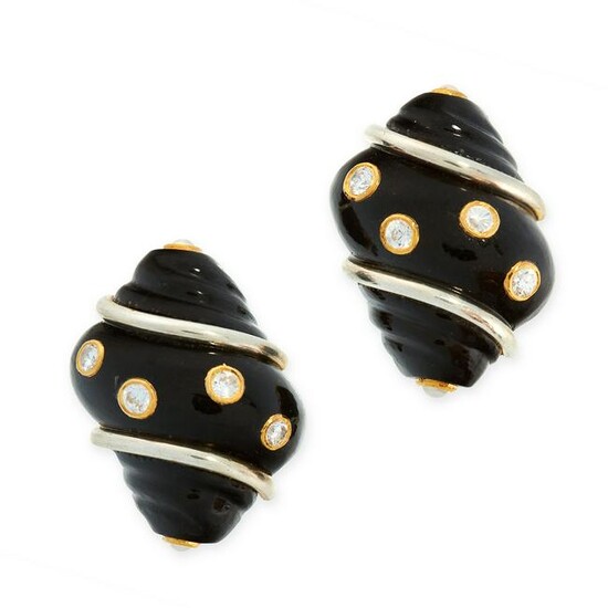 A PAIR OF VINTAGE ONYX TURBO SHELL EARRINGS in 18ct