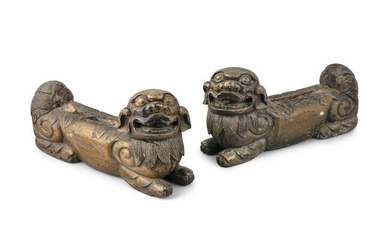 A PAIR OF WOODEN FU LIONS / BUDDHISTIC...