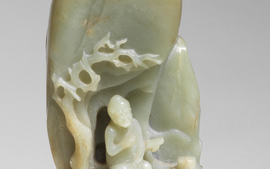 A PALE GREEN AND RUSSET JADE 'LUOHAN' BOULDER 18th century