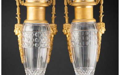 A Pair of Baccarat-Style Gilt Bronze Mounted Cut-Glass Urns (20th century)