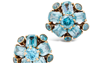 A Pair of Blue Zircon and Gold Ear Clips