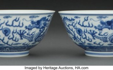 78041: A Pair of Chinese Blue and White Dragon Bowls Ma