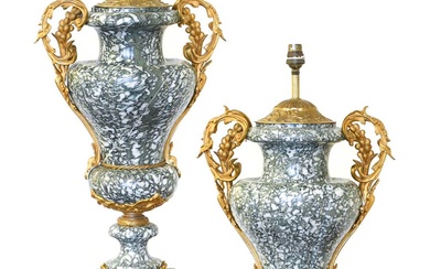A Pair of Gilt-Metal-Mounted Green and White Variegated Marble Lamp...