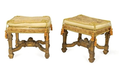 A Pair of Louis XIV Style Giltwood and Silk Upholstered