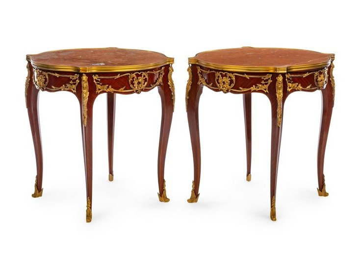 A Pair of Louis XV Style Gilt Metal Mounted Gueridons