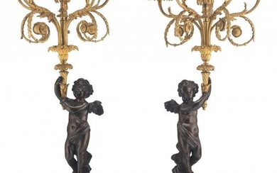 A Pair of Patinated and Bronze Figural Candelabr