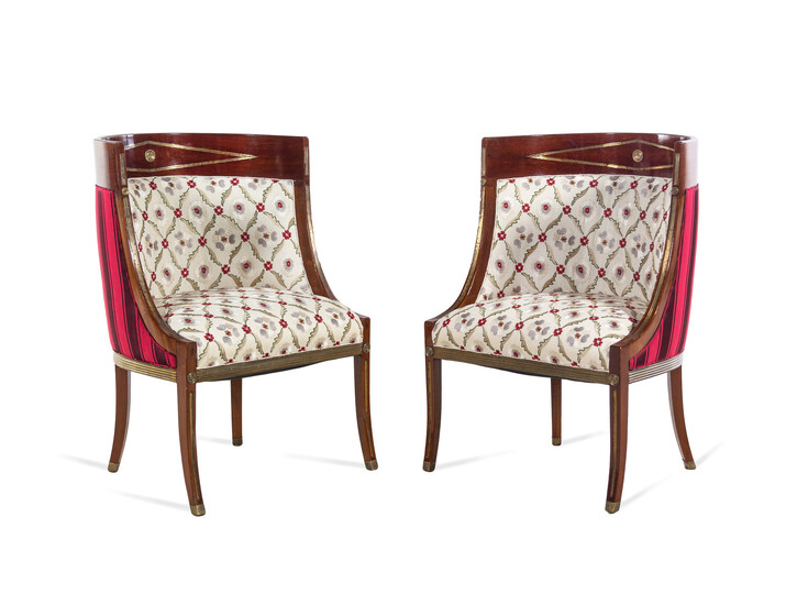 A Pair of Russian Neoclassical Brass Inlaid Mahogany Bergères