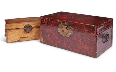 A RED AND GILT JAPANNED BOX AND HINGED COVER