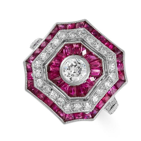 A RUBY AND DIAMOND DRESS RING the octagonal face set