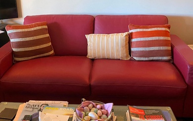 A Red Leather Two Seater Sofa & Two Matching Armchairs