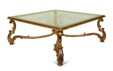 A Rococo Style Silver-Gilt Glass Top Coffee Table with Silver-Gilt Patina
