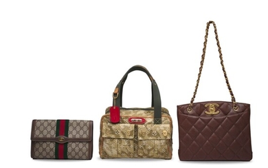 A SET OF THREE: A BROWN GG CANVAS CLUTCH BAG, A LIMITED EDITION MONOGRAMOUFLAGE DENIM JASMINE BAG BY TAKASHI MURAKAMI & A BROWN CAVIAR LEATHER TOTE BAG WITH GOLD HARDWARE, GUCCI, 2010S LOUIS VUITTON, 2008 CHANEL, 1994