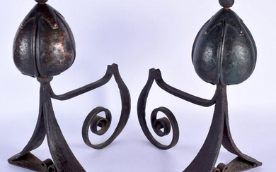A STYLISH PAIR OF ART NOUVEAU COPPER AND WROUGHT IRON