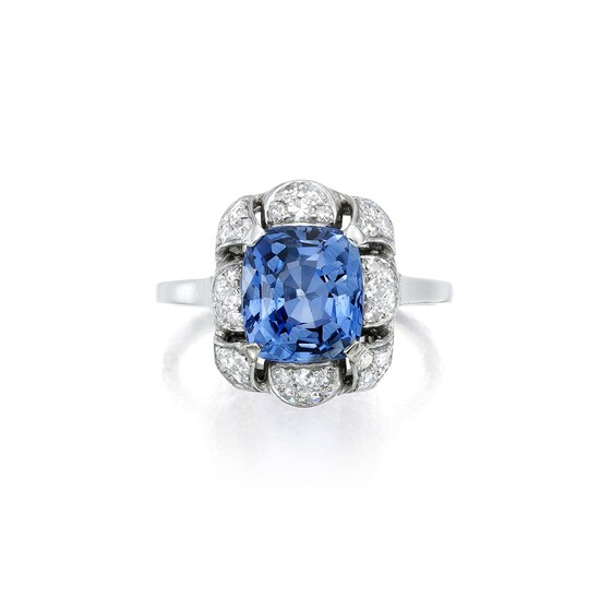 A Sapphire, Diamond, and Platinum Ring