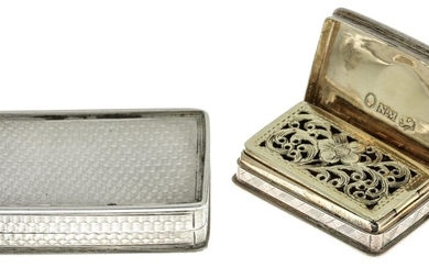 A Silver Snuff Box and Silver Vinaigrette The snuff box with engine turned decoration and vaca...