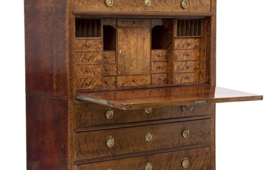 A Swedish birch wood bureau with fall front enclosing drawers. First half of the 19th century. H. 145 cm. W. 127 cm. D. 53 cm.